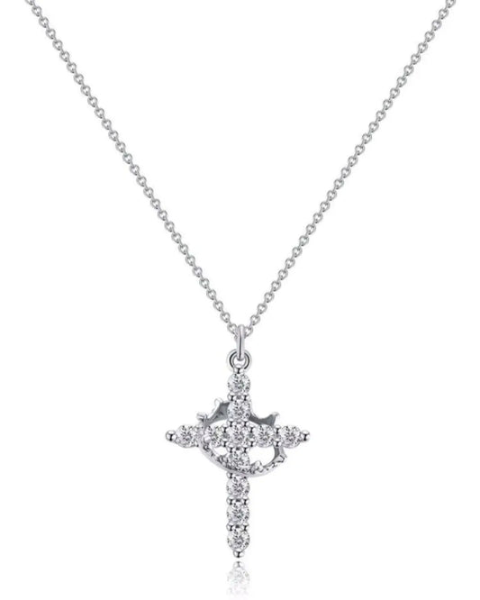Silver Cross with Crown Pendant Necklace Maison Aurum