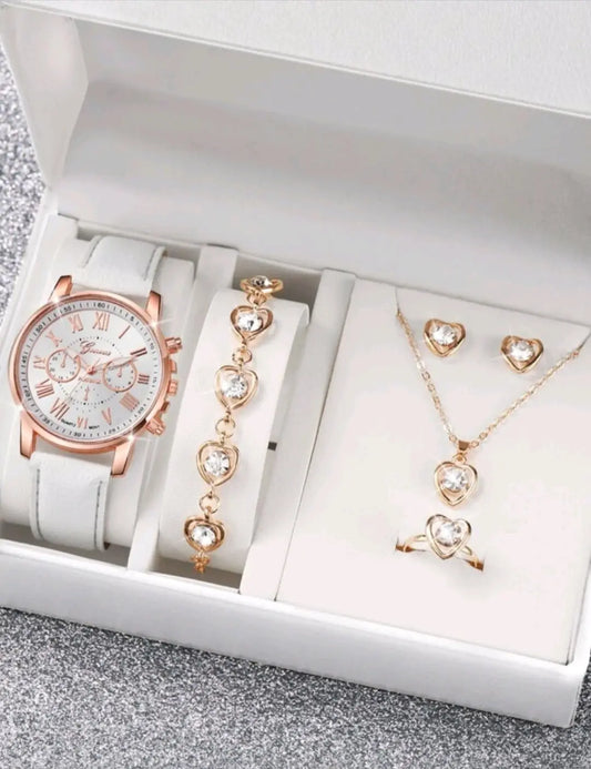 Elegant Three-eye Roman Scale Dial Quartz Watch & Jewellery Set - 5 Pieces Maison Aurum