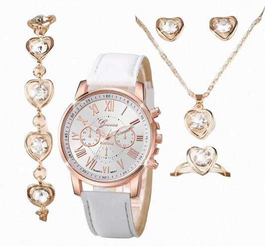 Elegant Three-eye Roman Scale Dial Quartz Watch & Jewellery Set - 5 Pieces Maison Aurum
