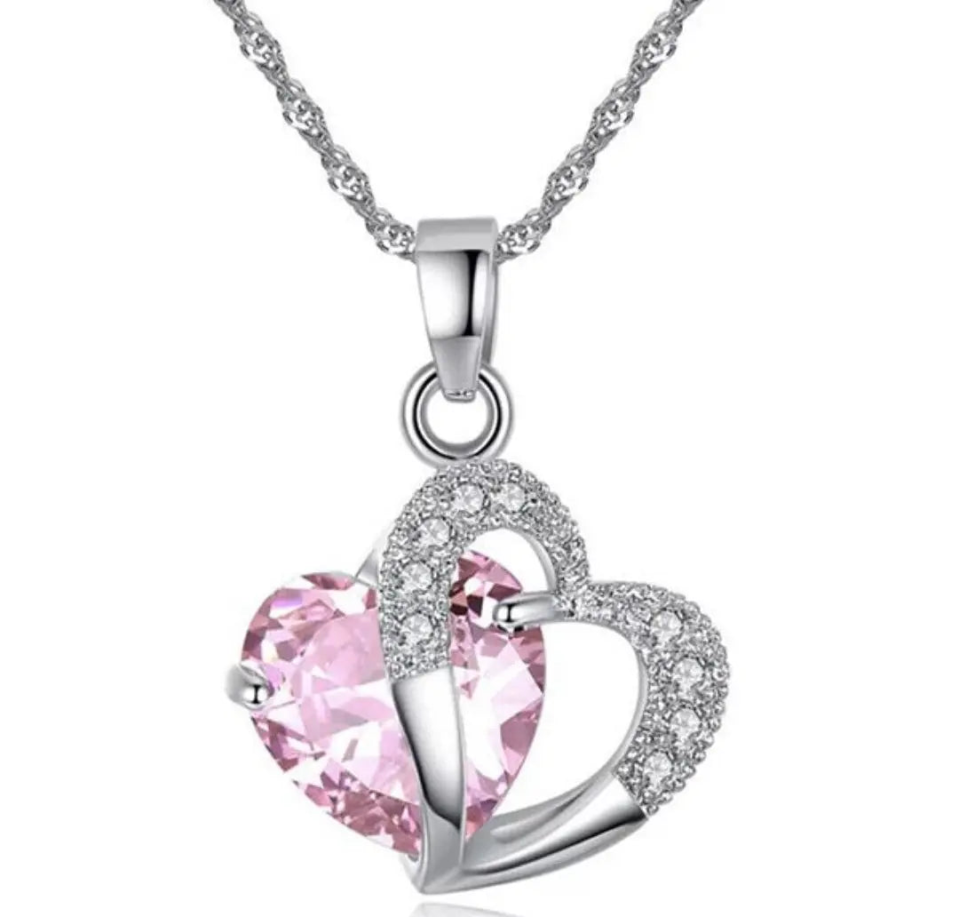 Heart Shaped Crystal Pendant with Silver Plated Necklace - Pink Panther Maison Aurum
