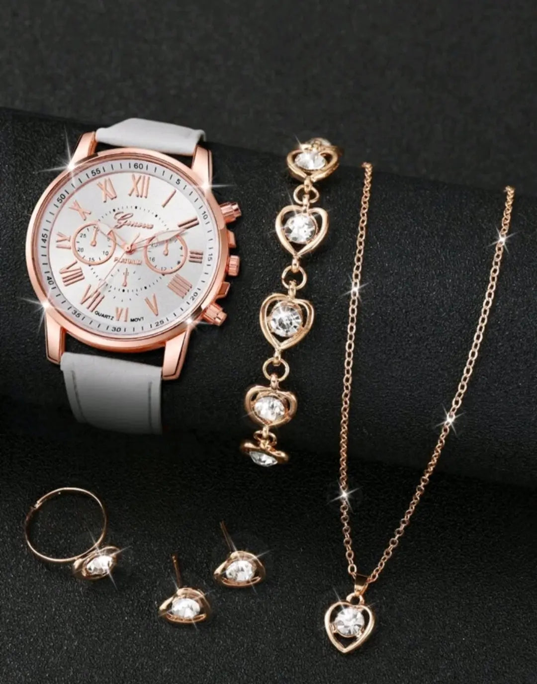 Elegant Three-eye Roman Scale Dial Quartz Watch & Jewellery Set - 5 Pieces Maison Aurum