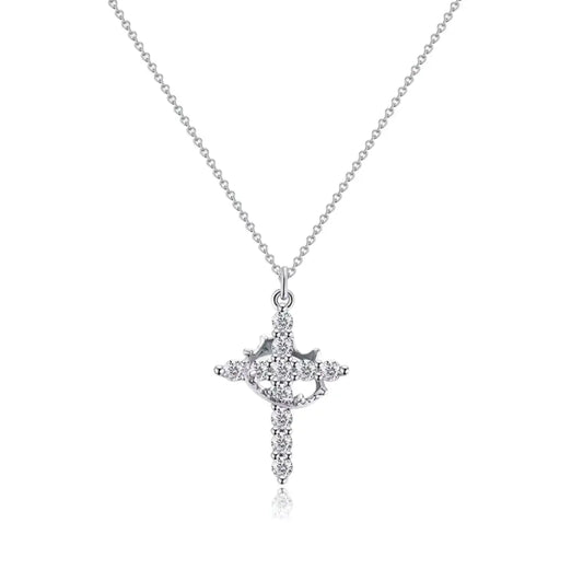 Silver Cross with Crown Pendant Necklace Maison Aurum